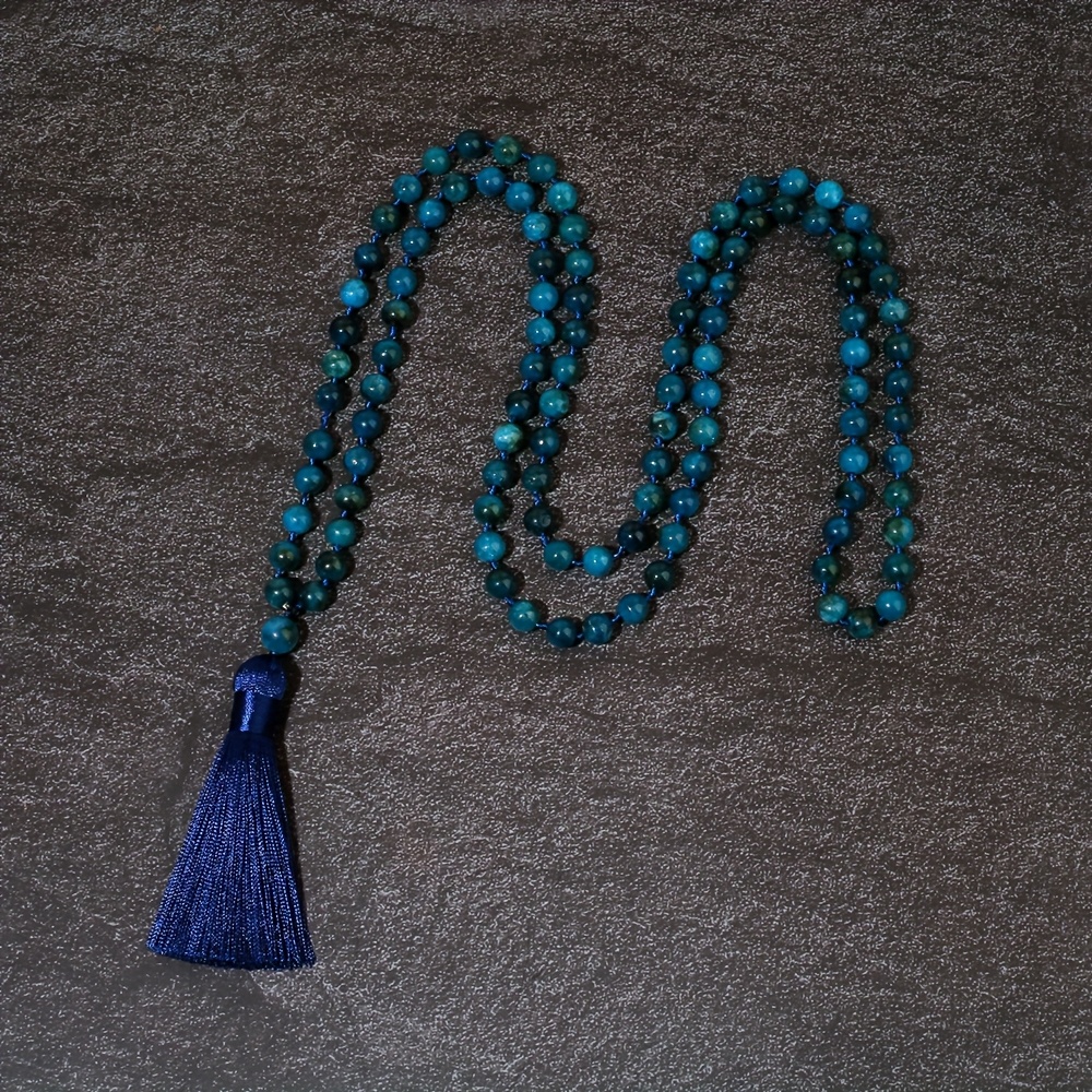 Men's Natural Phosphorite Bead Necklace Green 108 Beads Tassel Pendant